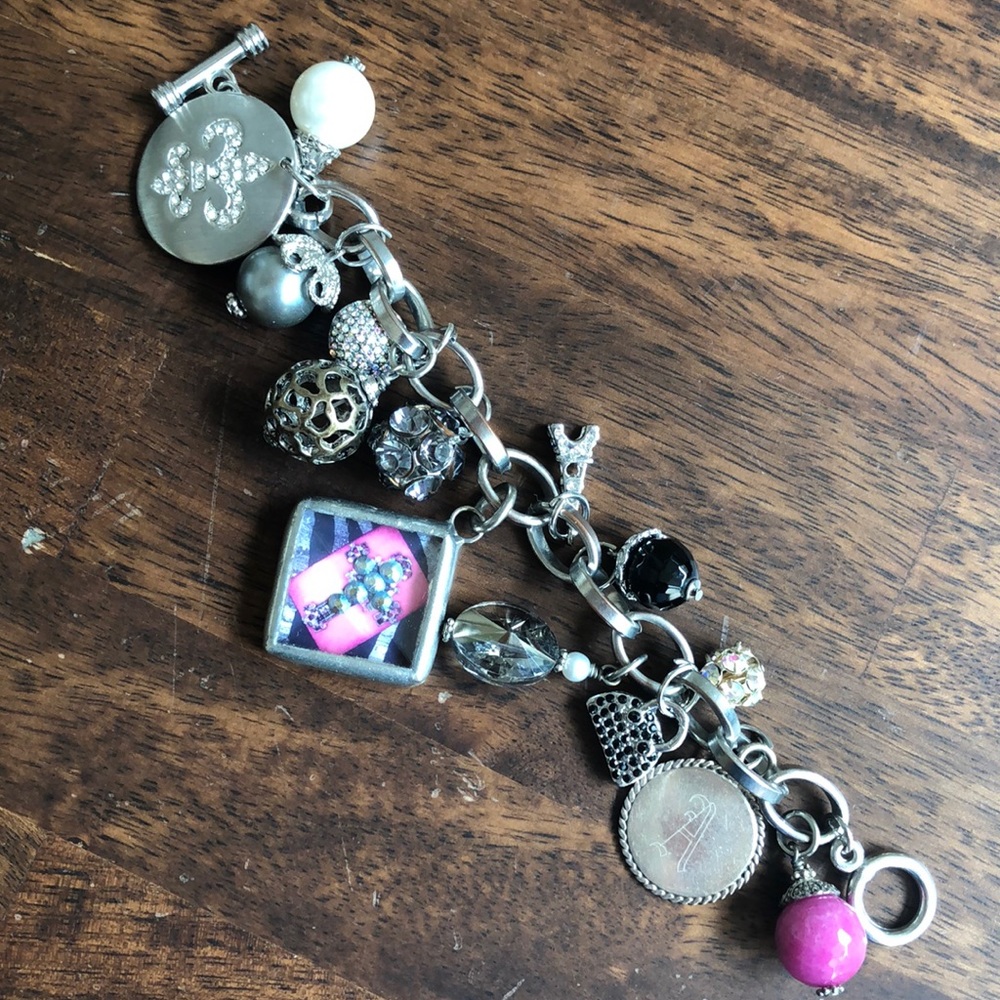 Custom Handmade Charm Bracelet Silver 14 Heavy Charms Cross Toggle Link Chain 7"